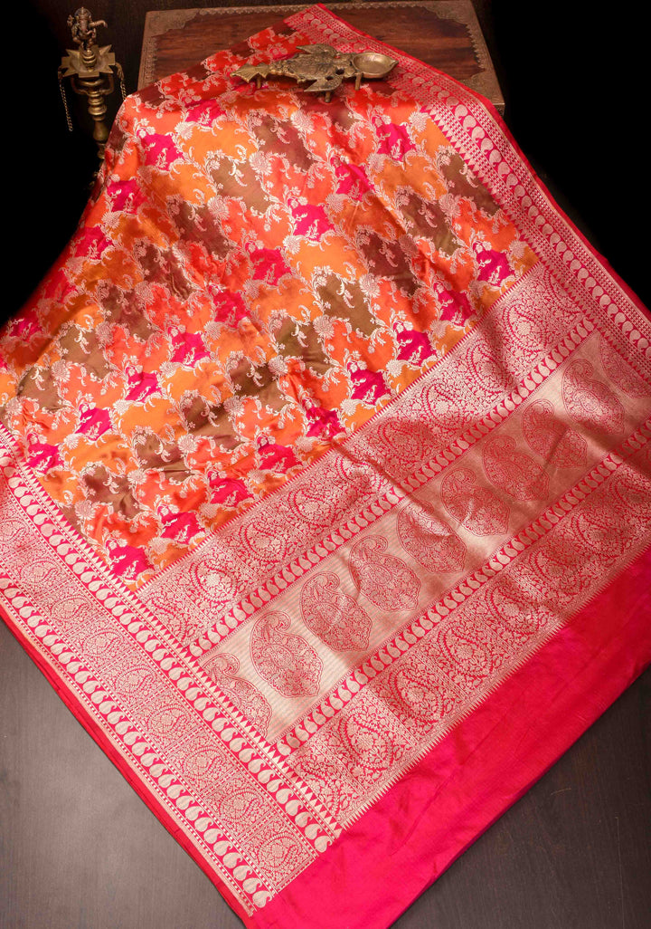 Multicolor Exquisite Rangkaat Design Floral Jaal Banarasi Katan Silk Saree with Zari Border | SILK MARK CERTIFIED