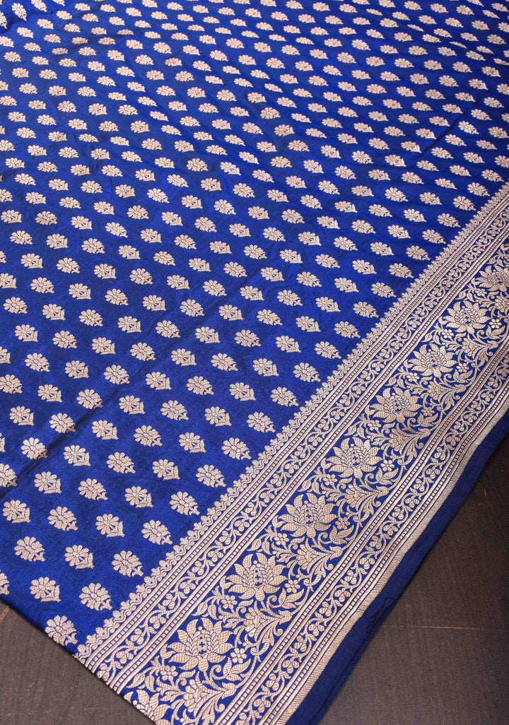 Exquisite Lapis Blue Banarasi Katan Silk Saree with Chunri Buttis and Zari Borders| SILK MARK CERTIFIED