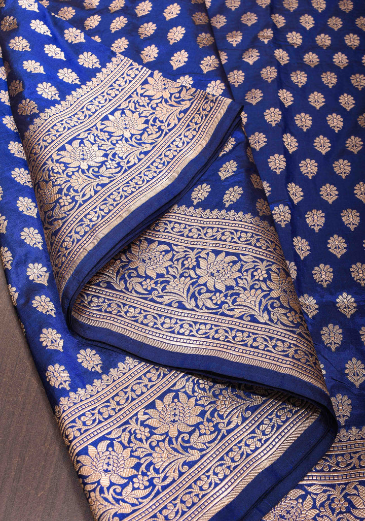 Exquisite Lapis Blue Banarasi Katan Silk Saree with Chunri Buttis and Zari Borders| SILK MARK CERTIFIED