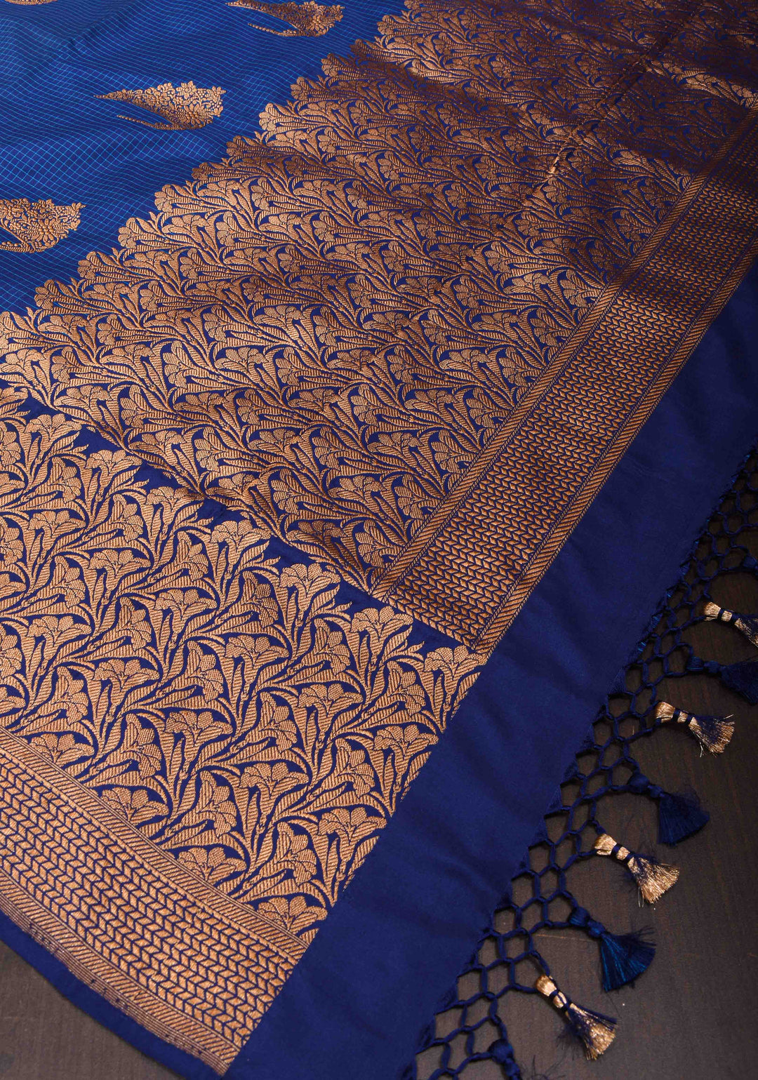 Dark Blue checks Banarasi Katan Silk Saree with Tiara Motif and zari Borders| SILK MARK CERTIFIED