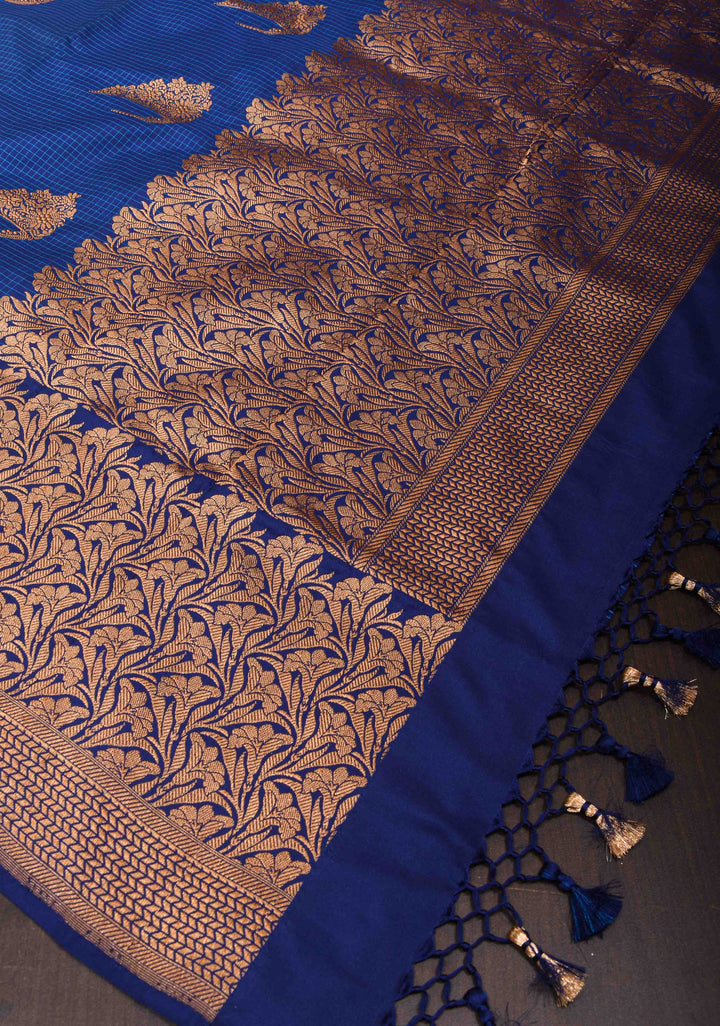 Dark Blue checks Banarasi Katan Silk Saree with Tiara Motif and zari Borders| SILK MARK CERTIFIED