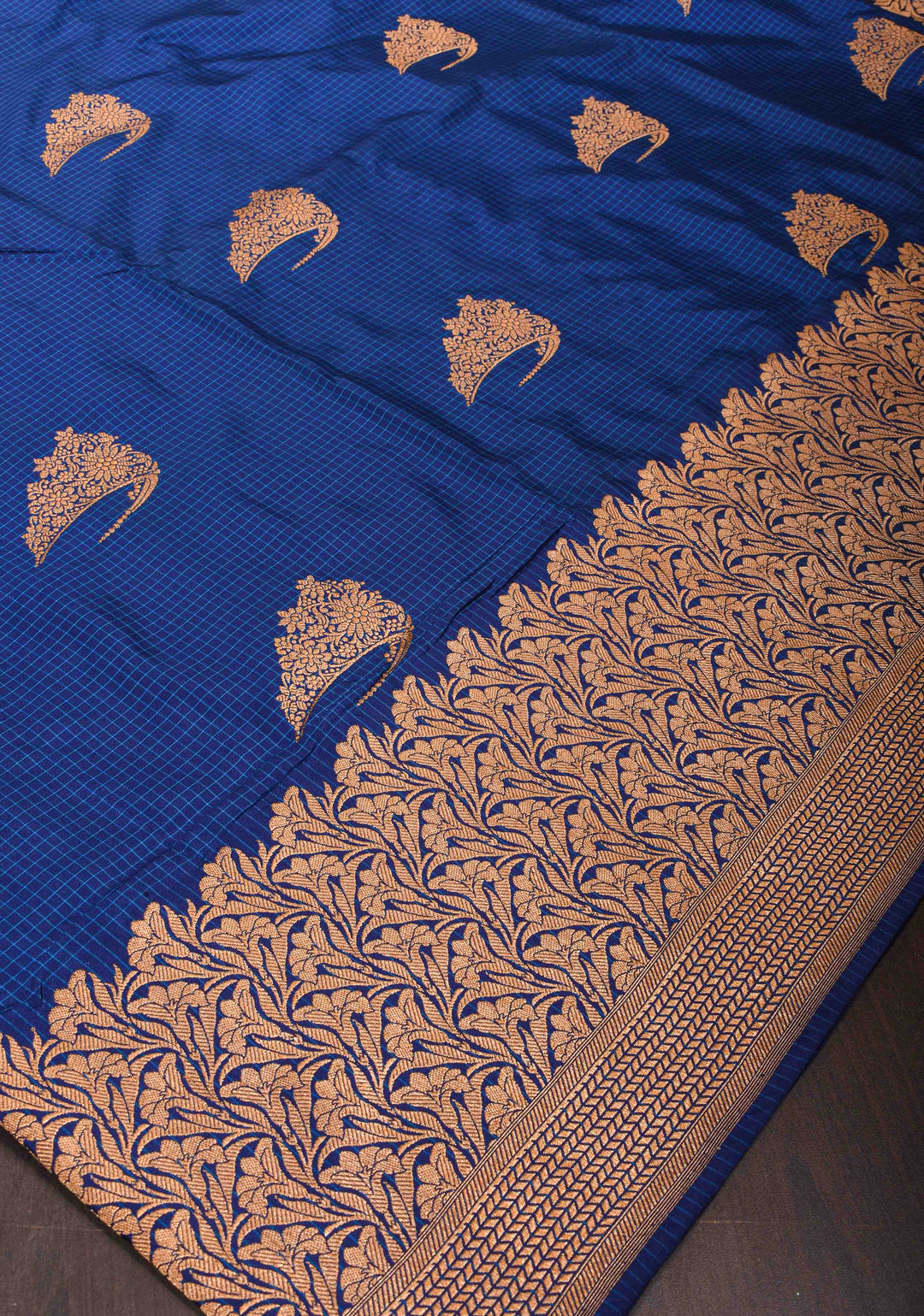 Dark Blue checks Banarasi Katan Silk Saree with Tiara Motif and zari Borders| SILK MARK CERTIFIED