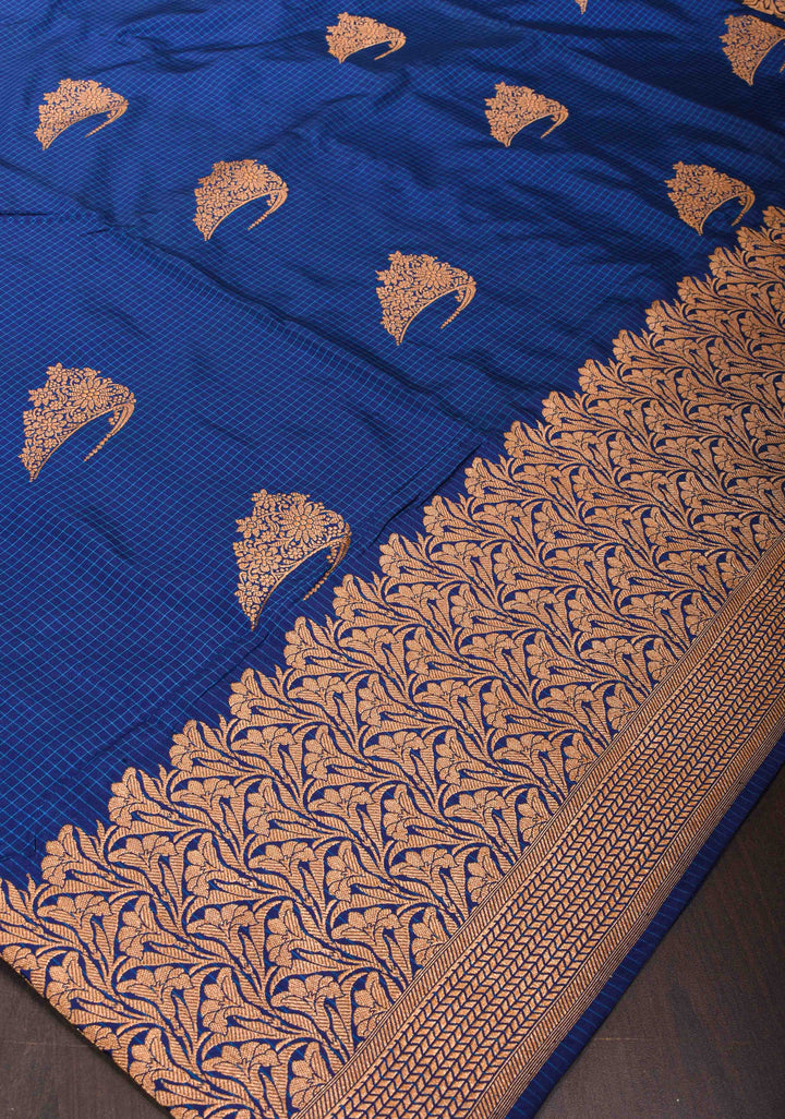 Dark Blue checks Banarasi Katan Silk Saree with Tiara Motif and zari Borders| SILK MARK CERTIFIED