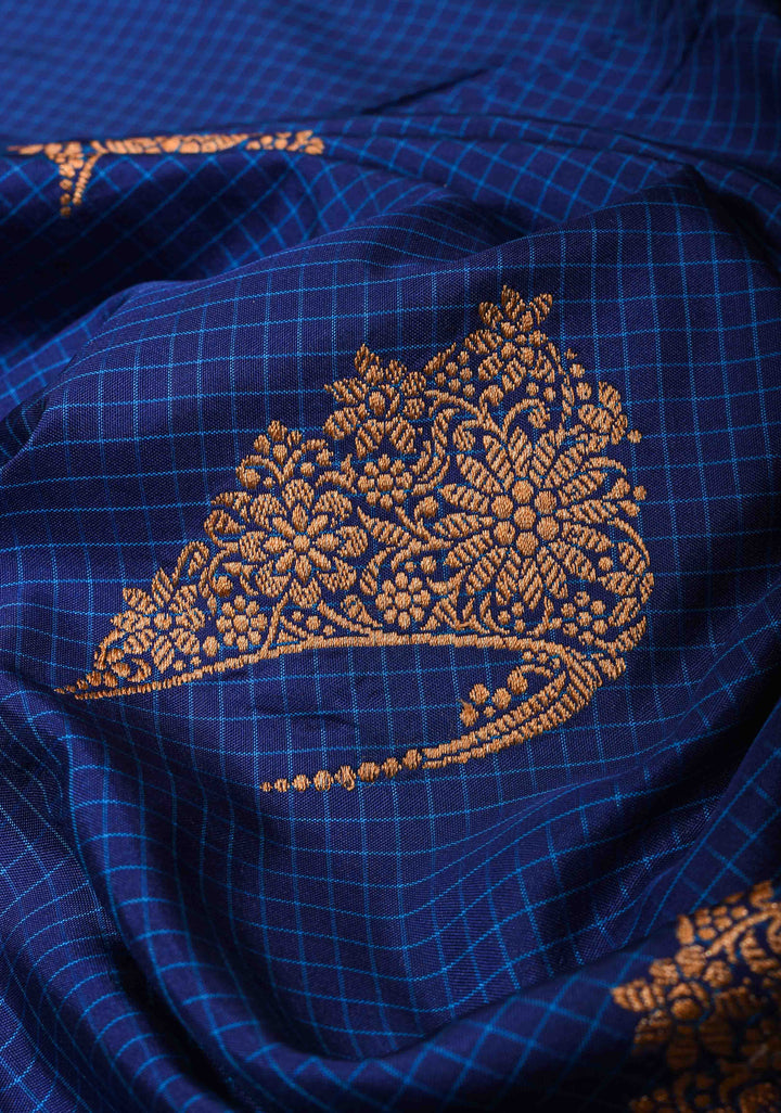 Dark Blue checks Banarasi Katan Silk Saree with Tiara Motif and zari Borders| SILK MARK CERTIFIED