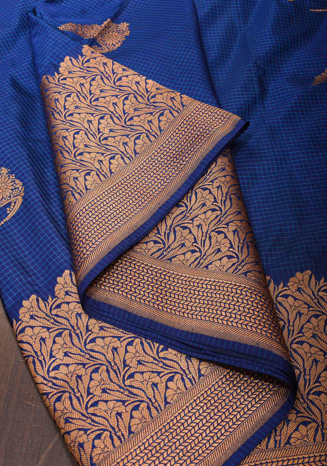 Dark Blue checks Banarasi Katan Silk Saree with Tiara Motif and zari Borders| SILK MARK CERTIFIED