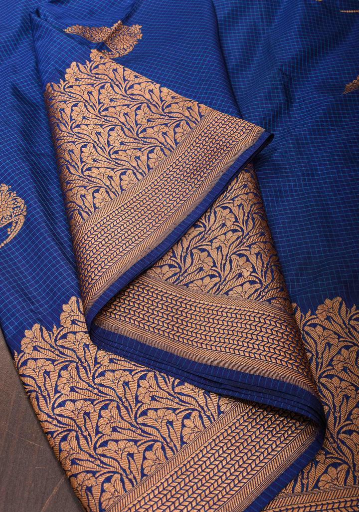 Dark Blue checks Banarasi Katan Silk Saree with Tiara Motif and zari Borders| SILK MARK CERTIFIED