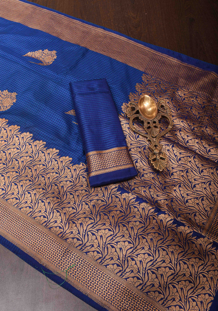 Dark Blue checks Banarasi Katan Silk Saree with Tiara Motif and zari Borders| SILK MARK CERTIFIED