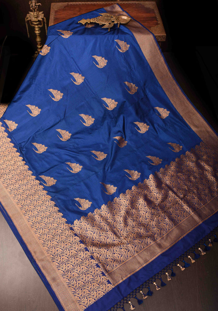 Dark Blue checks Banarasi Katan Silk Saree with Tiara Motif and zari Borders| SILK MARK CERTIFIED