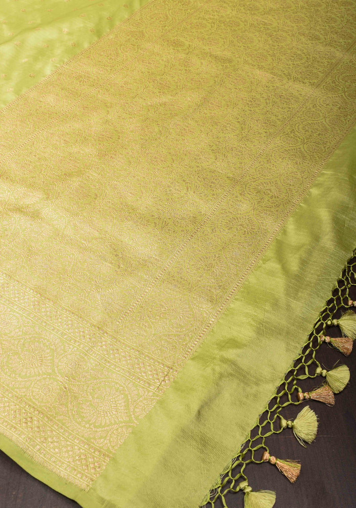 Tea Green Pure Banarasi Katan Silk Saree with Chunri Buttas  and Zari Border | SILK MARK CERTIFIED