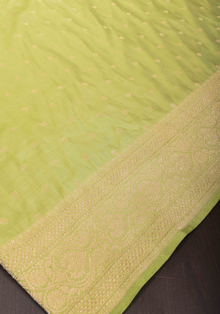 Tea Green Pure Banarasi Katan Silk Saree with Chunri Buttas  and Zari Border | SILK MARK CERTIFIED