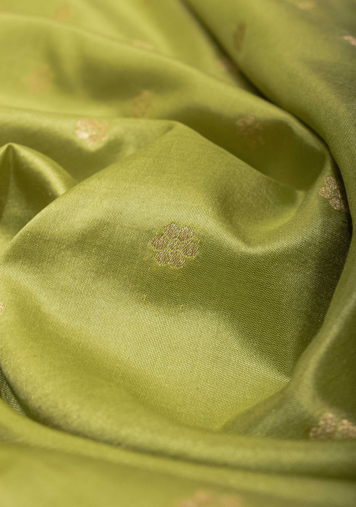 Tea Green Pure Banarasi Katan Silk Saree with Chunri Buttas  and Zari Border | SILK MARK CERTIFIED