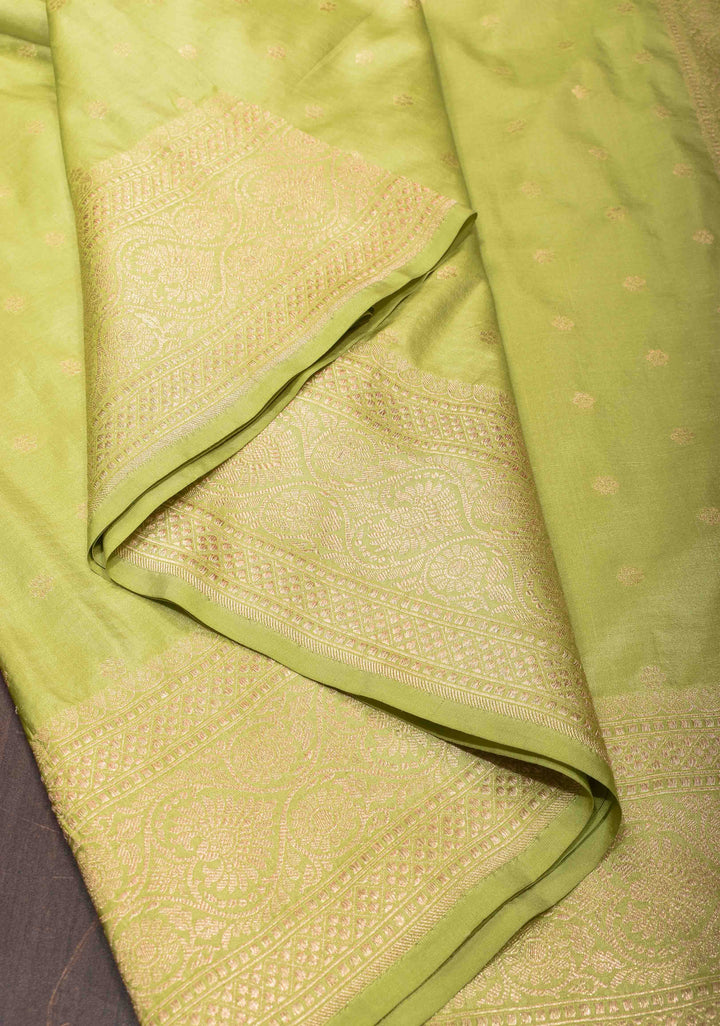 Tea Green Pure Banarasi Katan Silk Saree with Chunri Buttas  and Zari Border | SILK MARK CERTIFIED