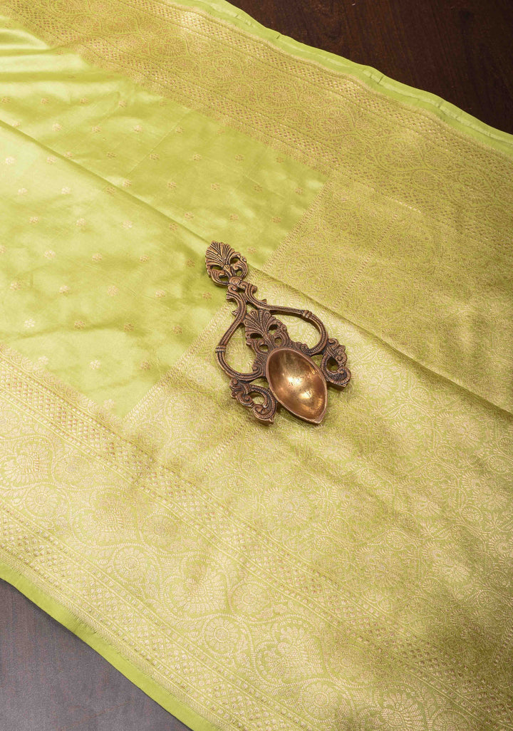 Tea Green Pure Banarasi Katan Silk Saree with Chunri Buttas  and Zari Border | SILK MARK CERTIFIED