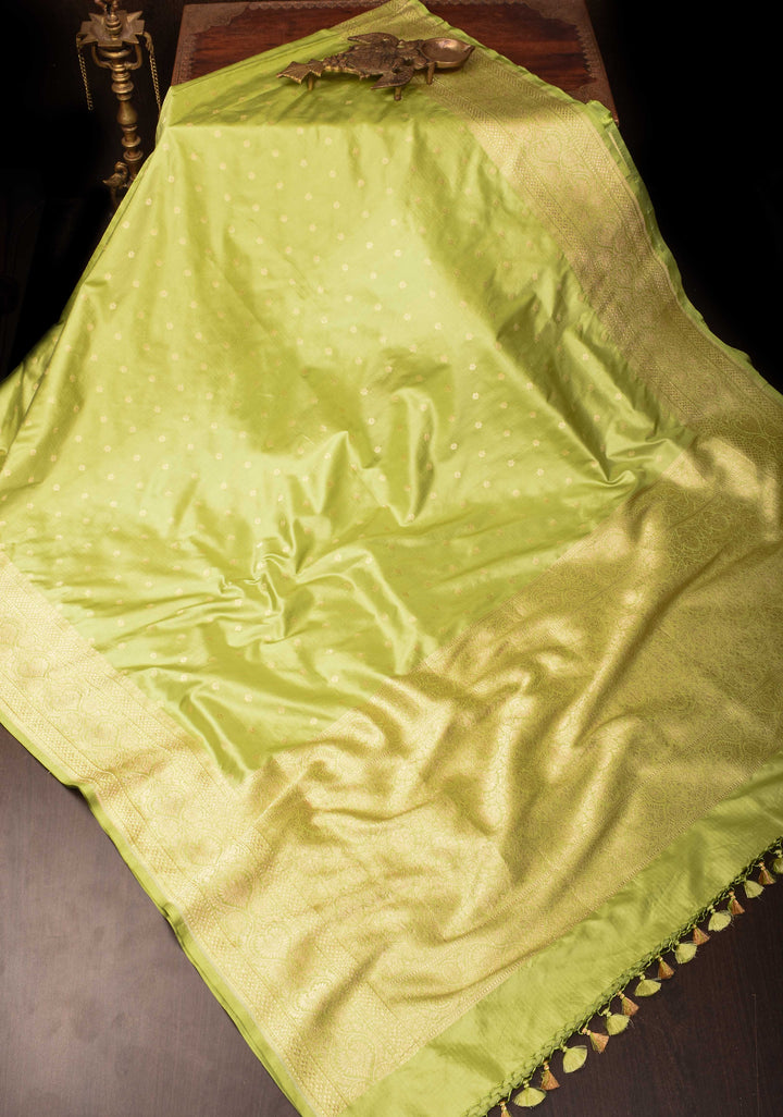 Tea Green Pure Banarasi Katan Silk Saree with Chunri Buttas  and Zari Border | SILK MARK CERTIFIED