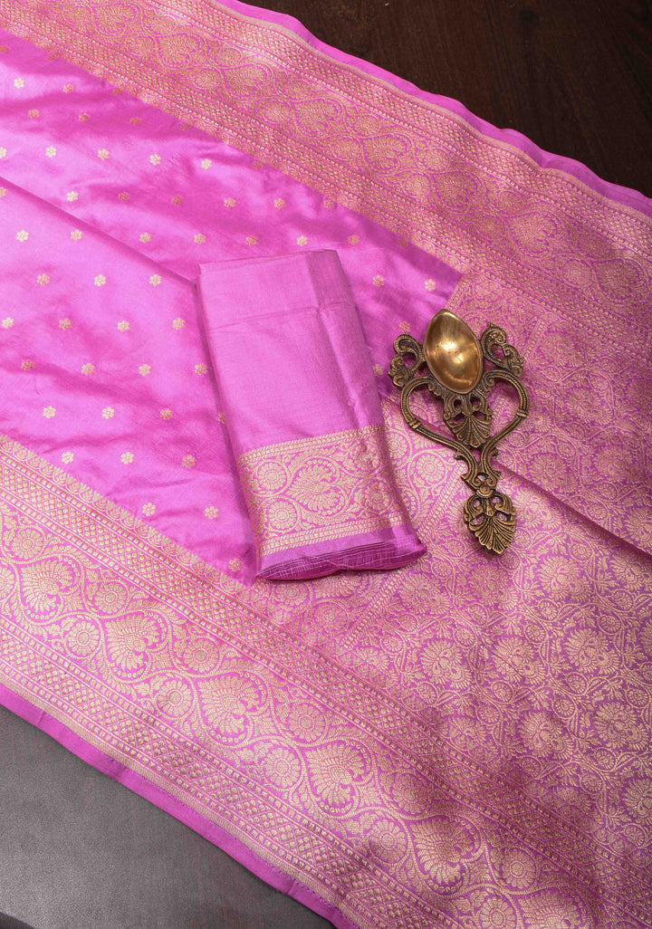 Lavender Pink Banarasi Katan Silk Saree with Chunri Buttis and Zari Borders | SILK MARK CERTIFIED