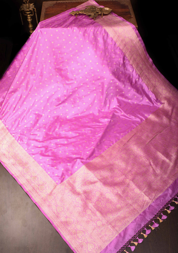 Lavender Pink Banarasi Katan Silk Saree with Chunri Buttis and Zari Borders | SILK MARK CERTIFIED