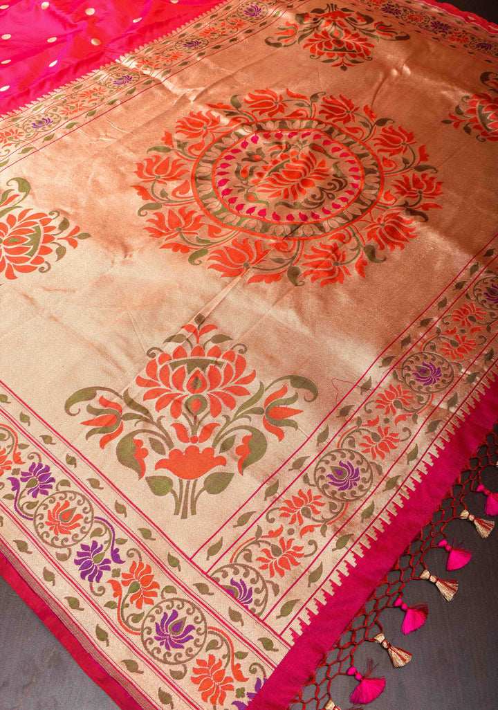 Dark Pink Pure Banarasi Katan Silk Saree with Paithani Style Borders | SILK MARK CERTIFIED