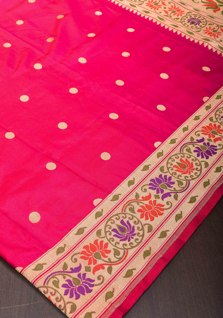 Dark Pink Pure Banarasi Katan Silk Saree with Paithani Style Borders | SILK MARK CERTIFIED