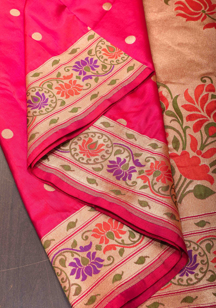 Dark Pink Pure Banarasi Katan Silk Saree with Paithani Style Borders | SILK MARK CERTIFIED