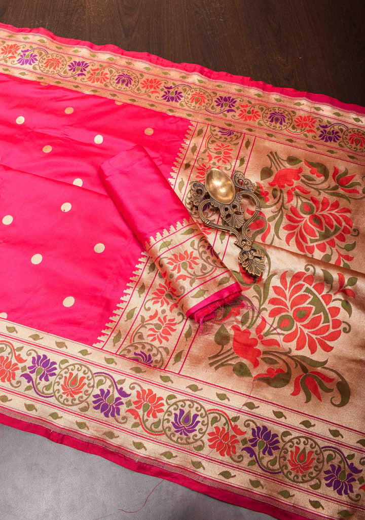 Dark Pink Pure Banarasi Katan Silk Saree with Paithani Style Borders | SILK MARK CERTIFIED
