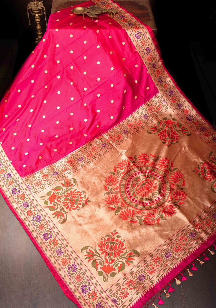 Dark Pink Pure Banarasi Katan Silk Saree with Paithani Style Borders | SILK MARK CERTIFIED
