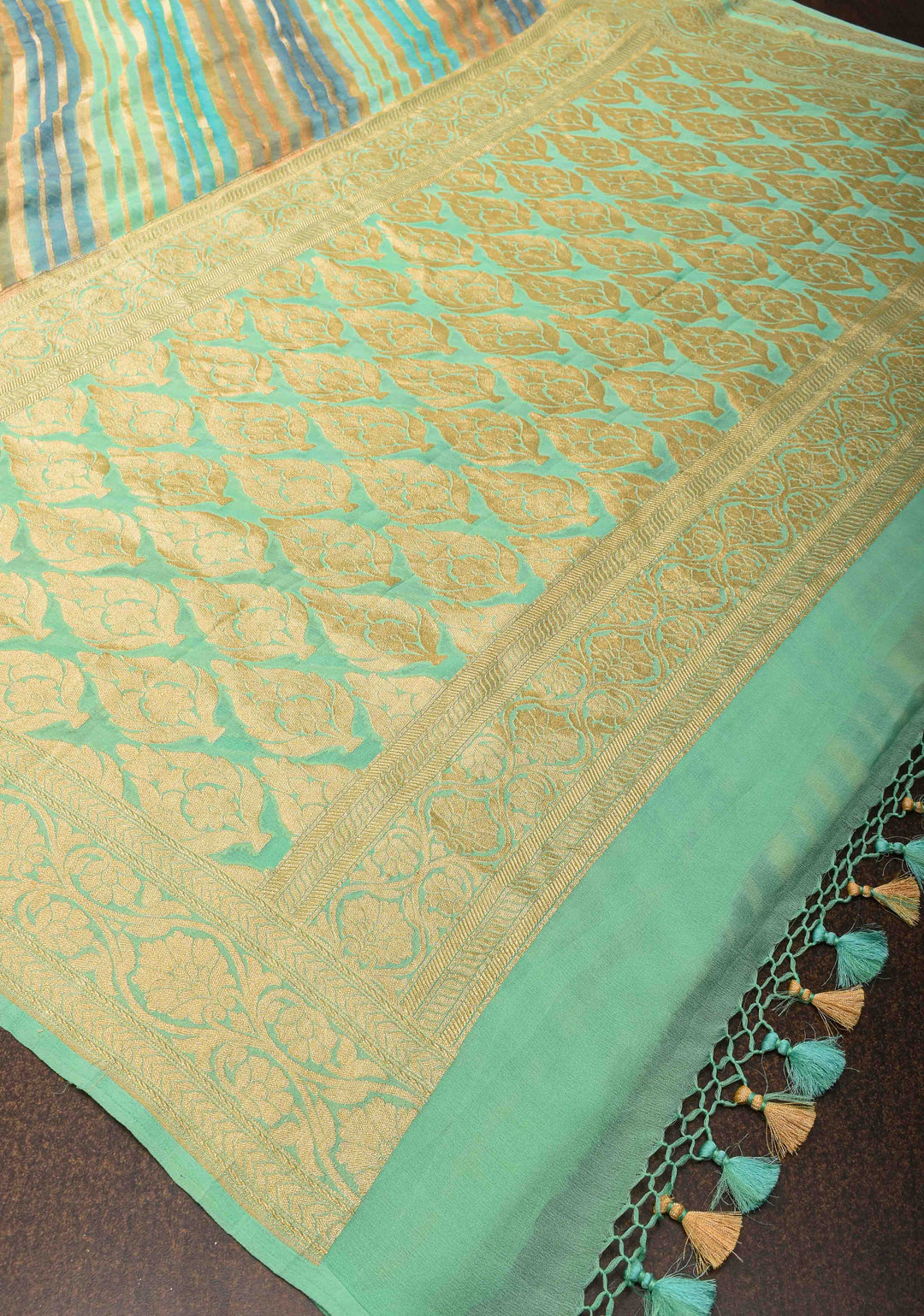 Hand Brushed Dye Banarasi Georgette Silk Saree in Green with Diagonal Stripes and Zari Border | SILK MARK CERTIFIED