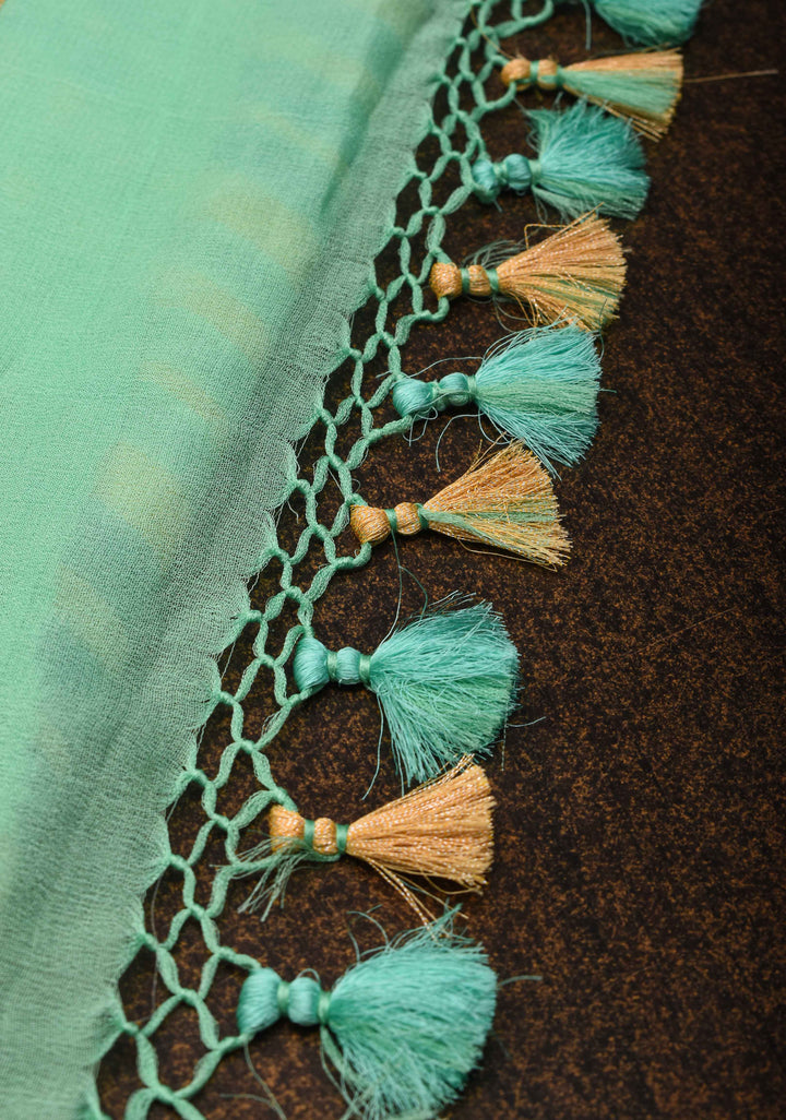 Hand Brushed Dye Banarasi Georgette Silk Saree in Green with Diagonal Stripes and Zari Border | SILK MARK CERTIFIED