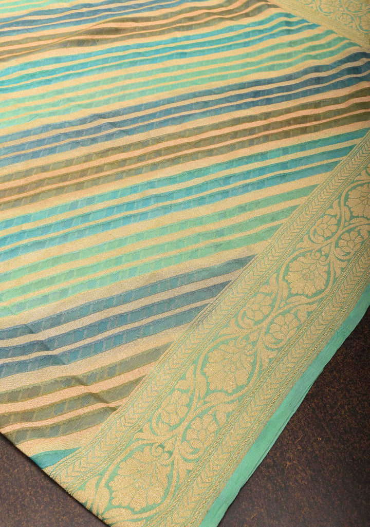 Hand Brushed Dye Banarasi Georgette Silk Saree in Green with Diagonal Stripes and Zari Border | SILK MARK CERTIFIED