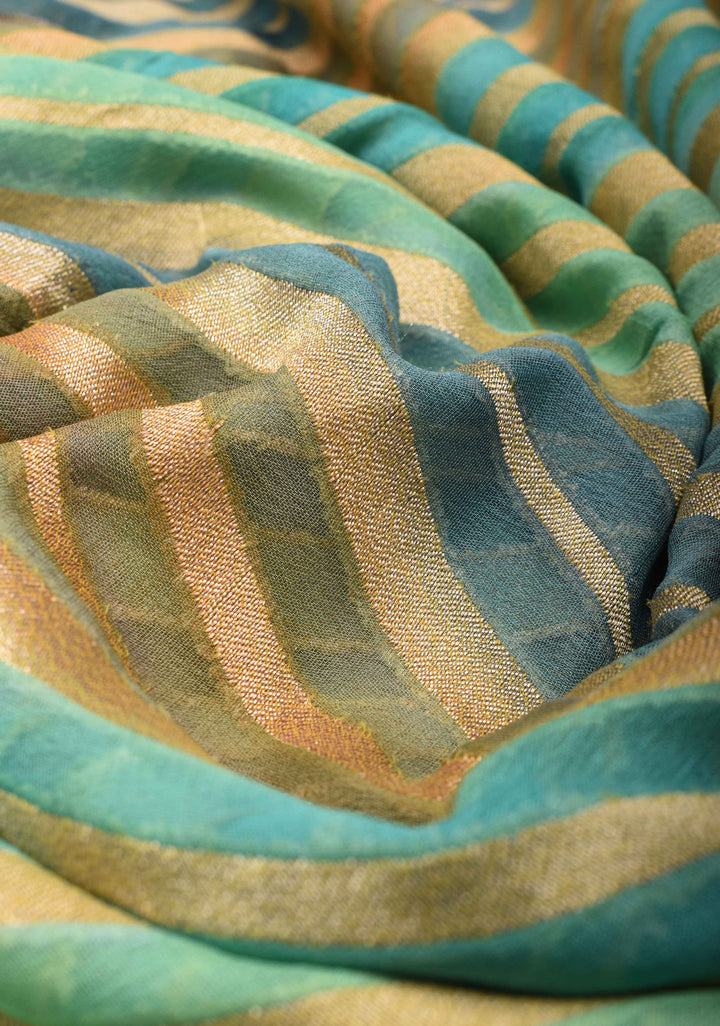 Hand Brushed Dye Banarasi Georgette Silk Saree in Green with Diagonal Stripes and Zari Border | SILK MARK CERTIFIED