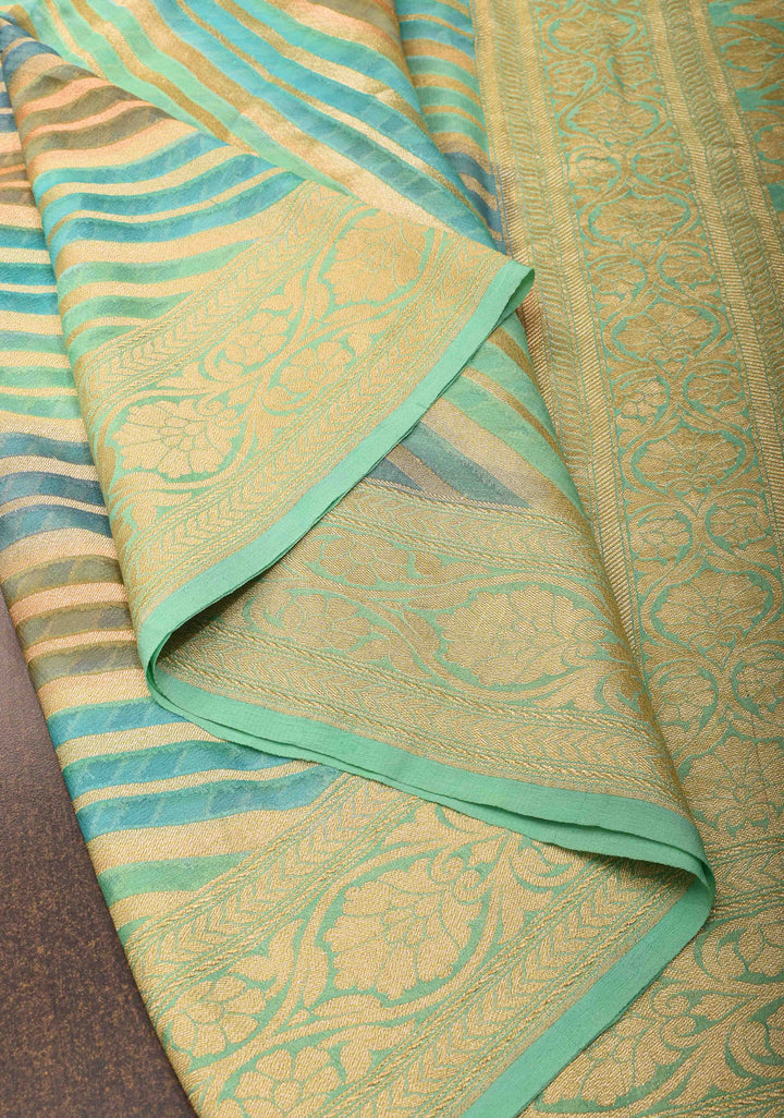 Hand Brushed Dye Banarasi Georgette Silk Saree in Green with Diagonal Stripes and Zari Border | SILK MARK CERTIFIED
