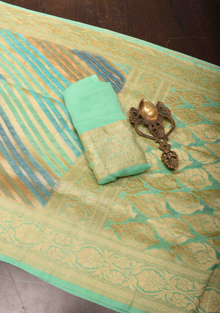 Hand Brushed Dye Banarasi Georgette Silk Saree in Green with Diagonal Stripes and Zari Border | SILK MARK CERTIFIED