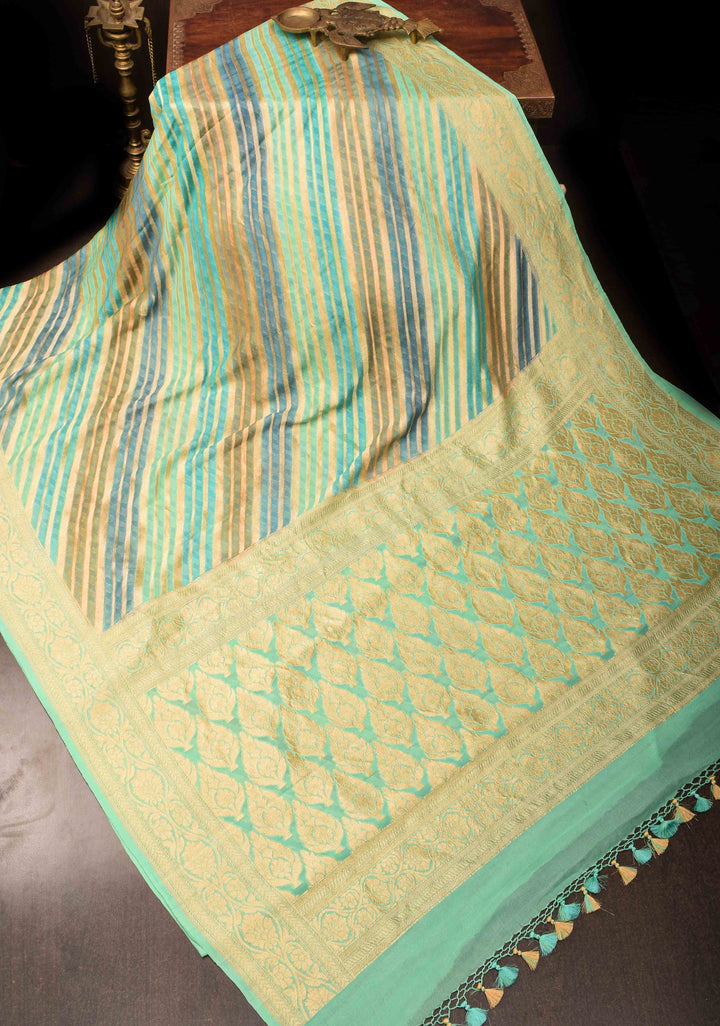 Hand Brushed Dye Banarasi Georgette Silk Saree in Green with Diagonal Stripes and Zari Border | SILK MARK CERTIFIED