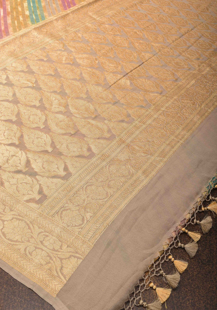 Hand Brushed Dye Banarasi Georgette Silk Saree in Green with Diagonal Stripes and Zari Border | SILK MARK CERTIFIED