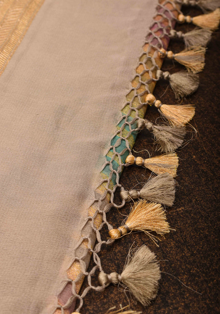 Hand Brushed Dye Banarasi Georgette Silk Saree in Green with Diagonal Stripes and Zari Border | SILK MARK CERTIFIED
