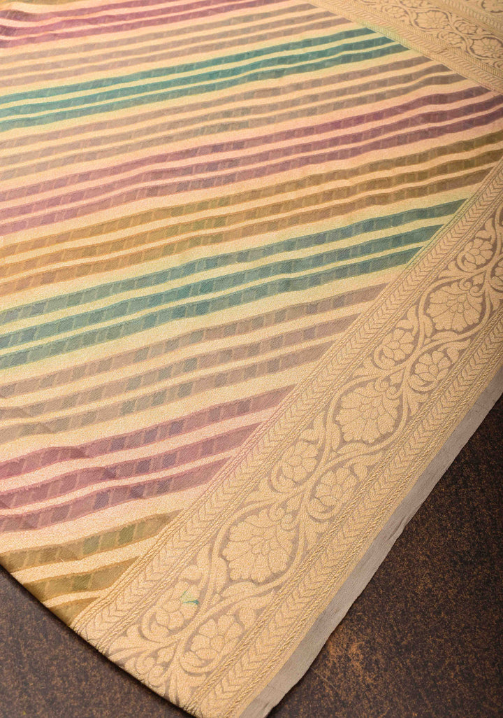 Hand Brushed Dye Banarasi Georgette Silk Saree in Green with Diagonal Stripes and Zari Border | SILK MARK CERTIFIED