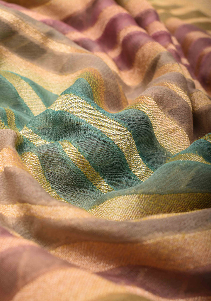 Hand Brushed Dye Banarasi Georgette Silk Saree in Green with Diagonal Stripes and Zari Border | SILK MARK CERTIFIED
