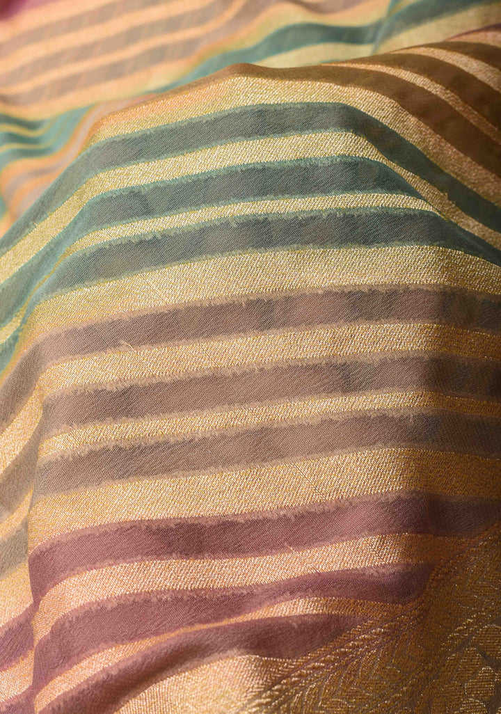 Hand Brushed Dye Banarasi Georgette Silk Saree in Green with Diagonal Stripes and Zari Border | SILK MARK CERTIFIED