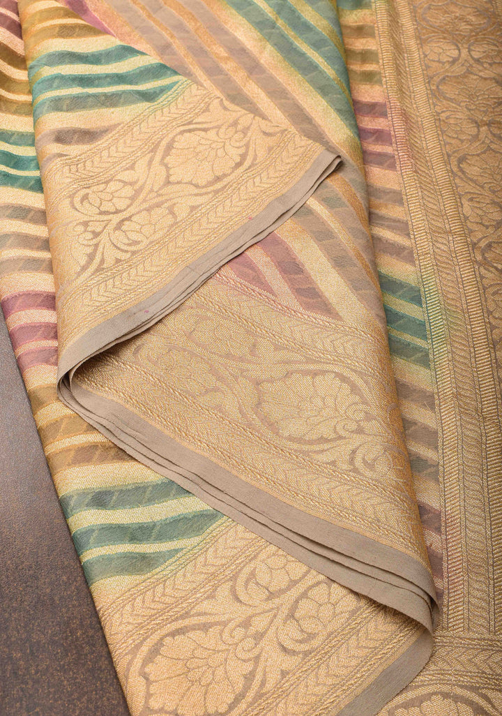 Hand Brushed Dye Banarasi Georgette Silk Saree in Green with Diagonal Stripes and Zari Border | SILK MARK CERTIFIED