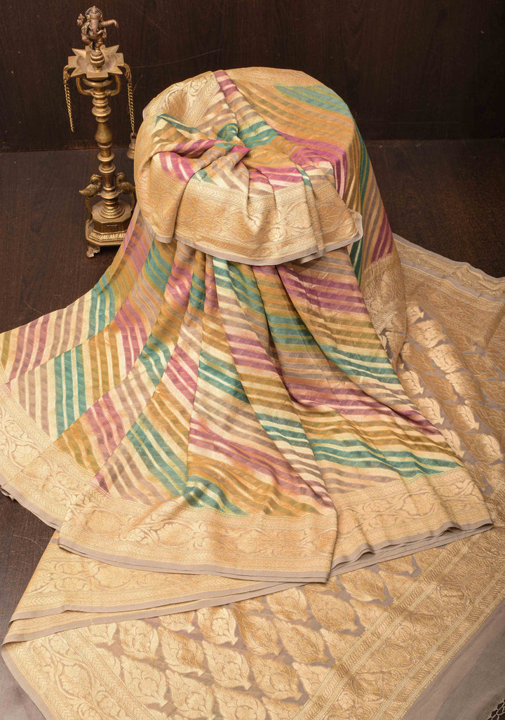 Hand Brushed Dye Banarasi Georgette Silk Saree in Green with Diagonal Stripes and Zari Border | SILK MARK CERTIFIED