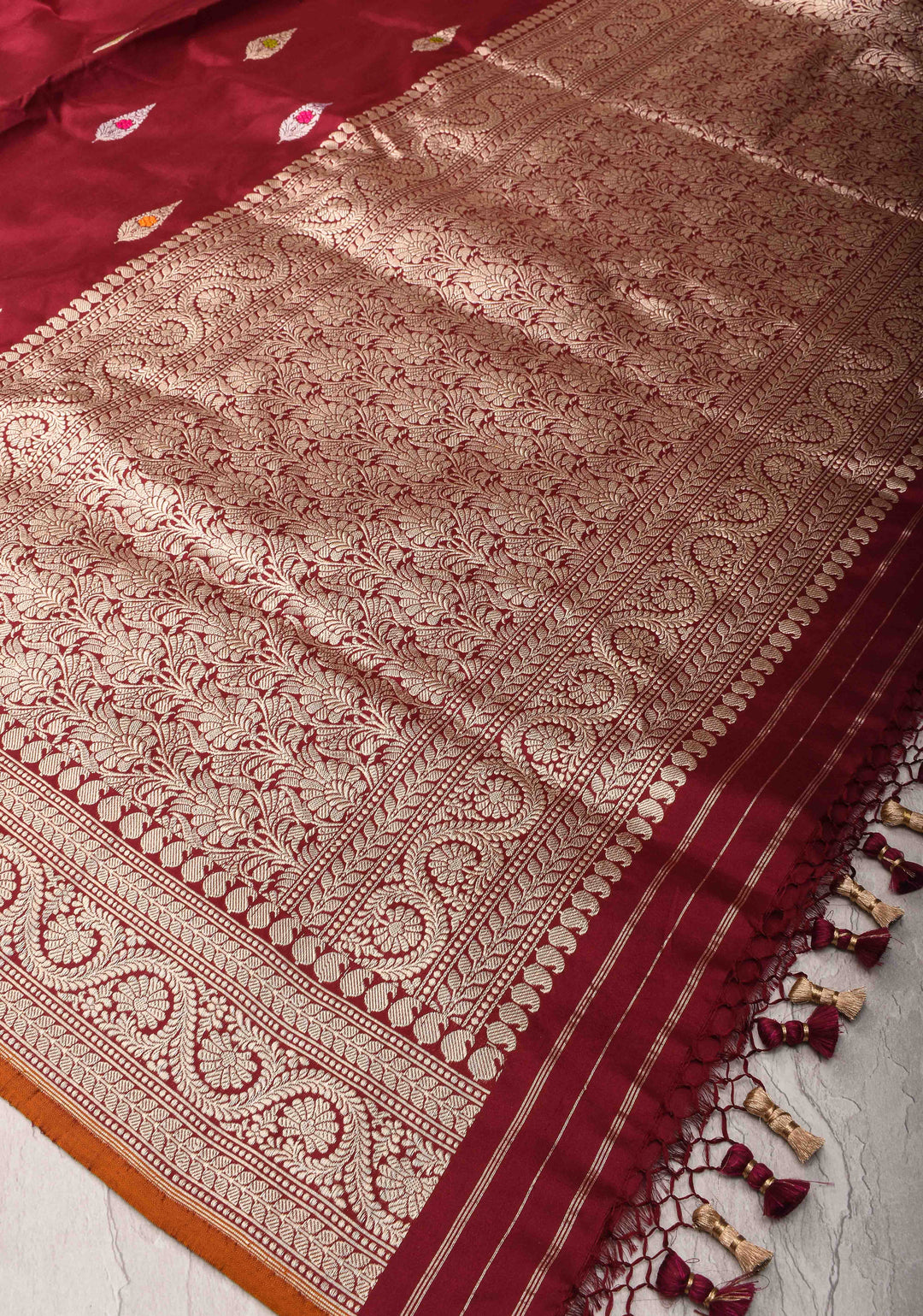 Merlot Red Banarasi  Katan silk saree with Meenakari Resham Buttas and Contrast Zari Border| SILK MARK CERTIFIED