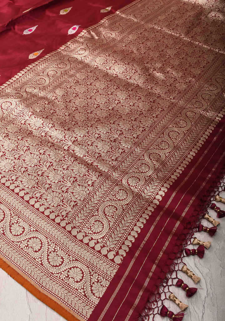 Merlot Red Banarasi  Katan silk saree with Meenakari Resham Buttas and Contrast Zari Border| SILK MARK CERTIFIED
