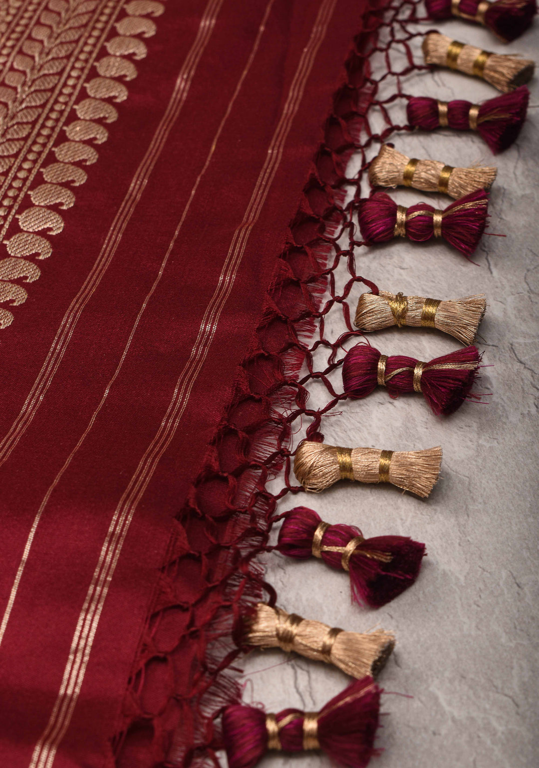 Merlot Red Banarasi  Katan silk saree with Meenakari Resham Buttas and Contrast Zari Border| SILK MARK CERTIFIED