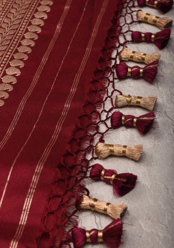 Merlot Red Banarasi  Katan silk saree with Meenakari Resham Buttas and Contrast Zari Border| SILK MARK CERTIFIED