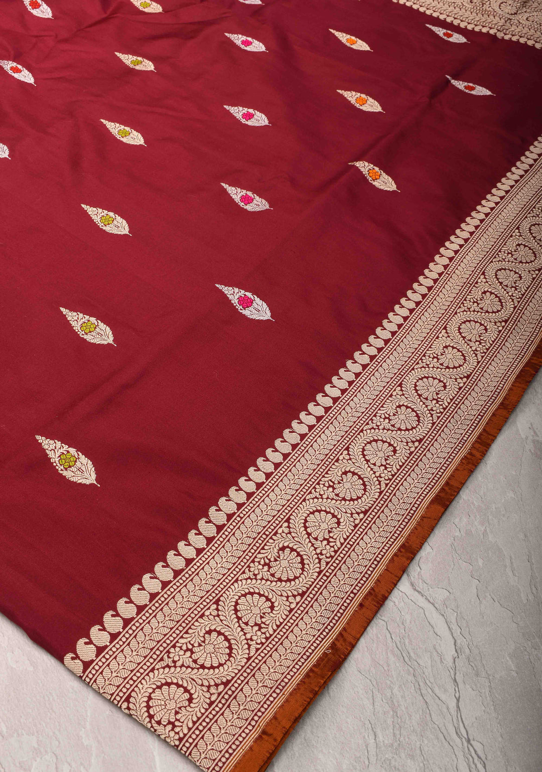 Merlot Red Banarasi  Katan silk saree with Meenakari Resham Buttas and Contrast Zari Border| SILK MARK CERTIFIED