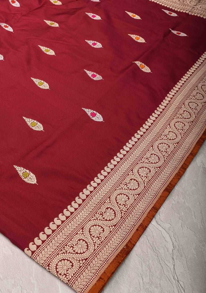Merlot Red Banarasi  Katan silk saree with Meenakari Resham Buttas and Contrast Zari Border| SILK MARK CERTIFIED