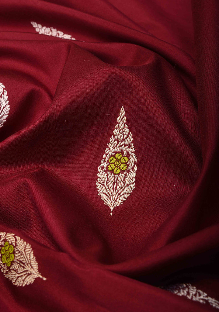 Merlot Red Banarasi  Katan silk saree with Meenakari Resham Buttas and Contrast Zari Border| SILK MARK CERTIFIED