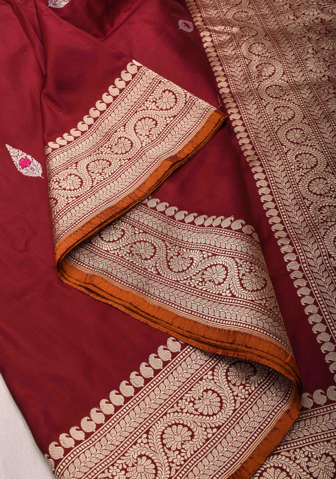 Merlot Red Banarasi  Katan silk saree with Meenakari Resham Buttas and Contrast Zari Border| SILK MARK CERTIFIED