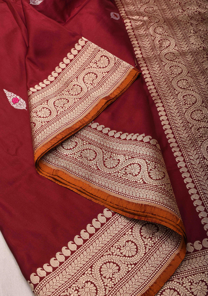 Merlot Red Banarasi  Katan silk saree with Meenakari Resham Buttas and Contrast Zari Border| SILK MARK CERTIFIED