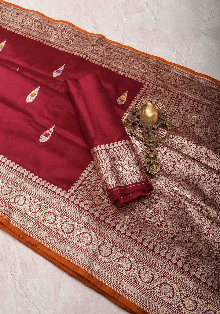 Merlot Red Banarasi  Katan silk saree with Meenakari Resham Buttas and Contrast Zari Border| SILK MARK CERTIFIED