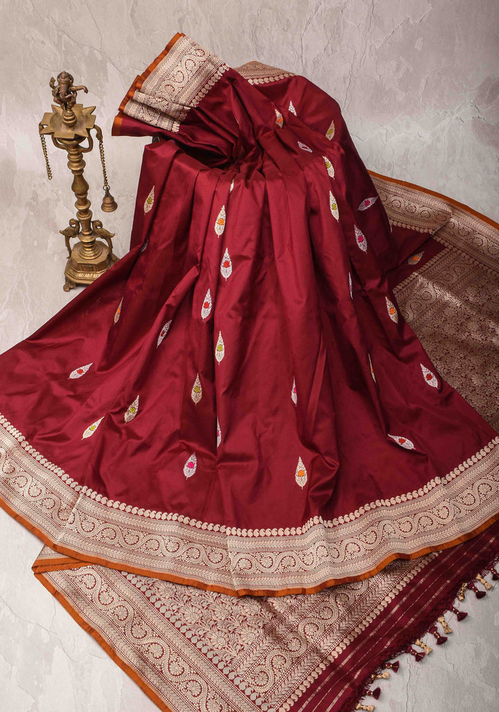 Merlot Red Banarasi  Katan silk saree with Meenakari Resham Buttas and Contrast Zari Border| SILK MARK CERTIFIED